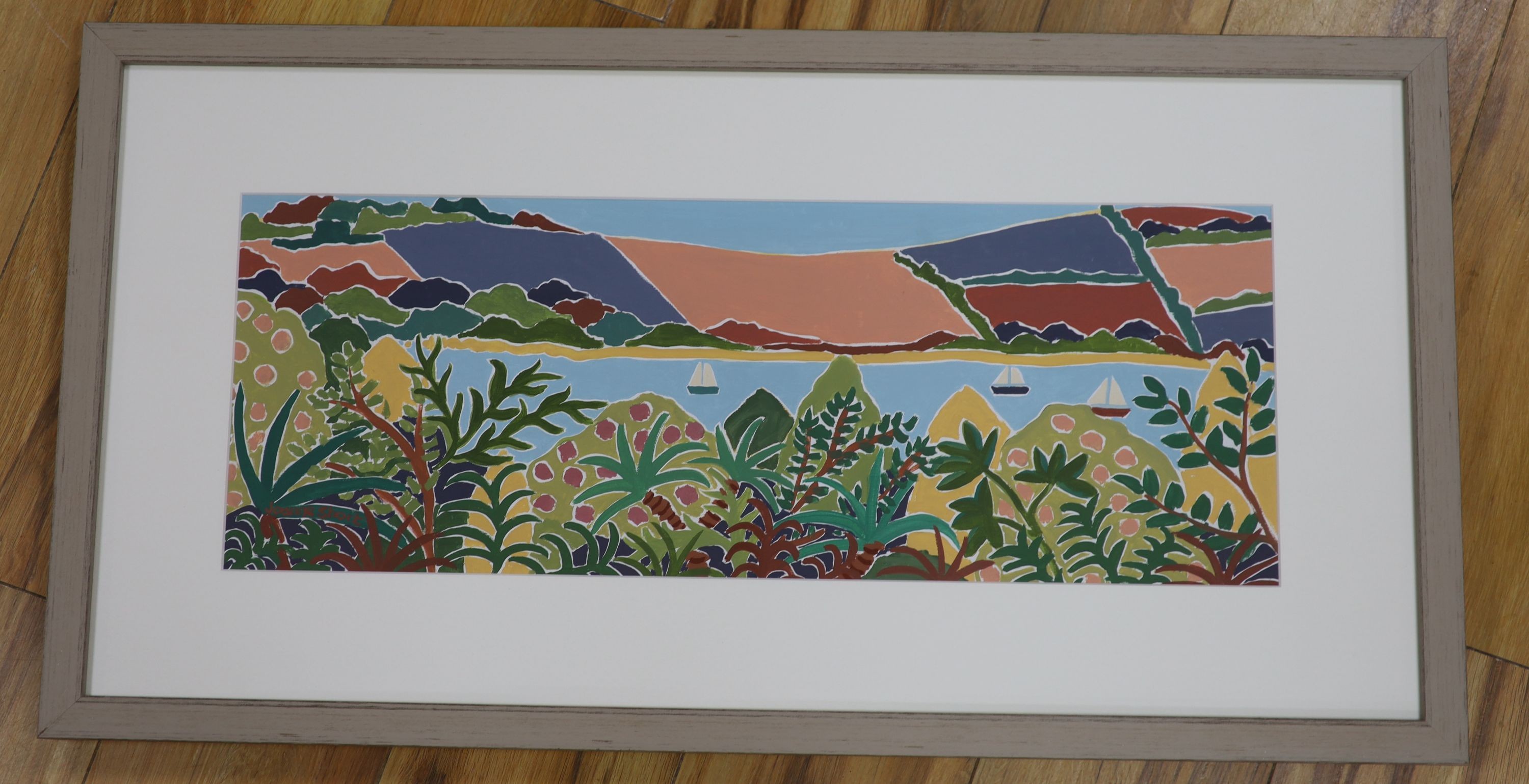 Joanne Short (C20th.), gouache, Tropical foliage, Cornish Riviera, signed, 22 x 60cm